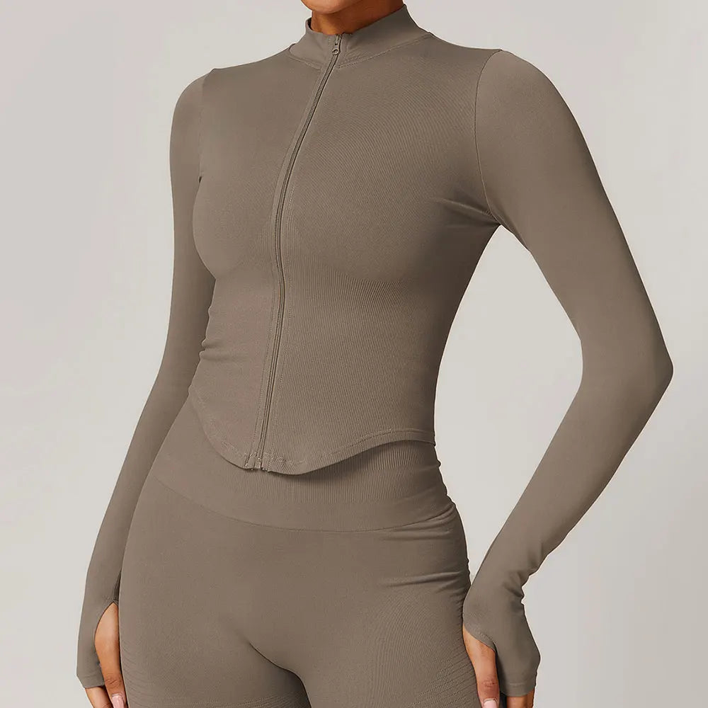 Zipper Jacket Crop Top – Long Sleeve Quick-Dry Yoga & Running Shirt