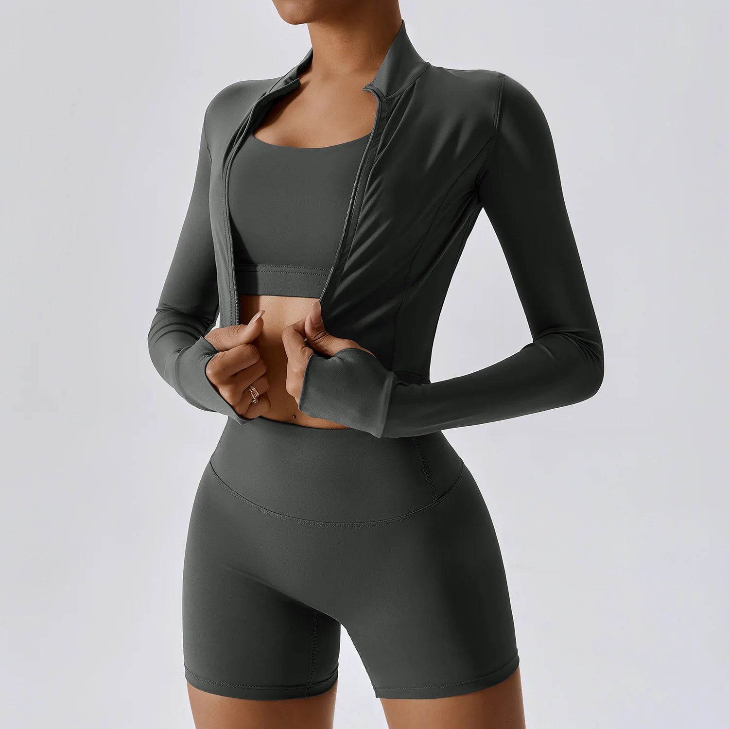 Zipper Long Sleeve, High Waist Leggings & Sports Suit