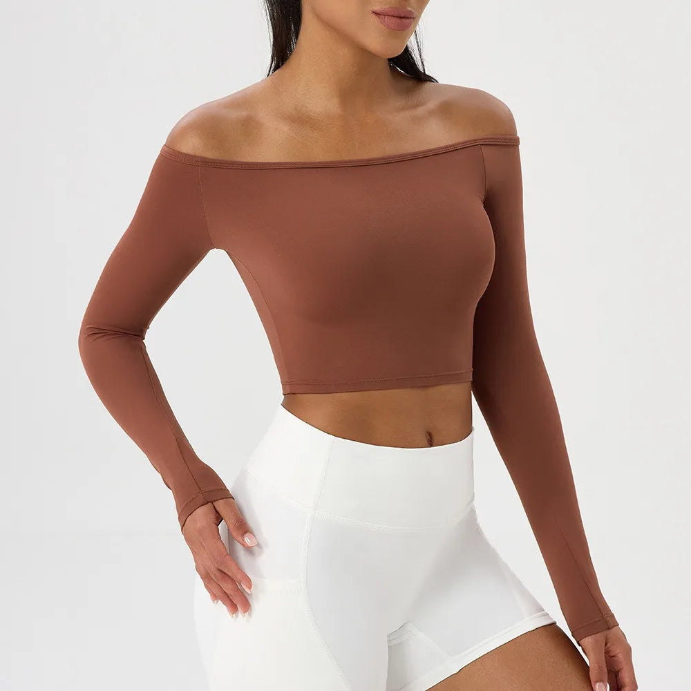 Off Shoulder Yoga Top – Long Sleeve Quick-Dry Gym & Running Workout Shirt