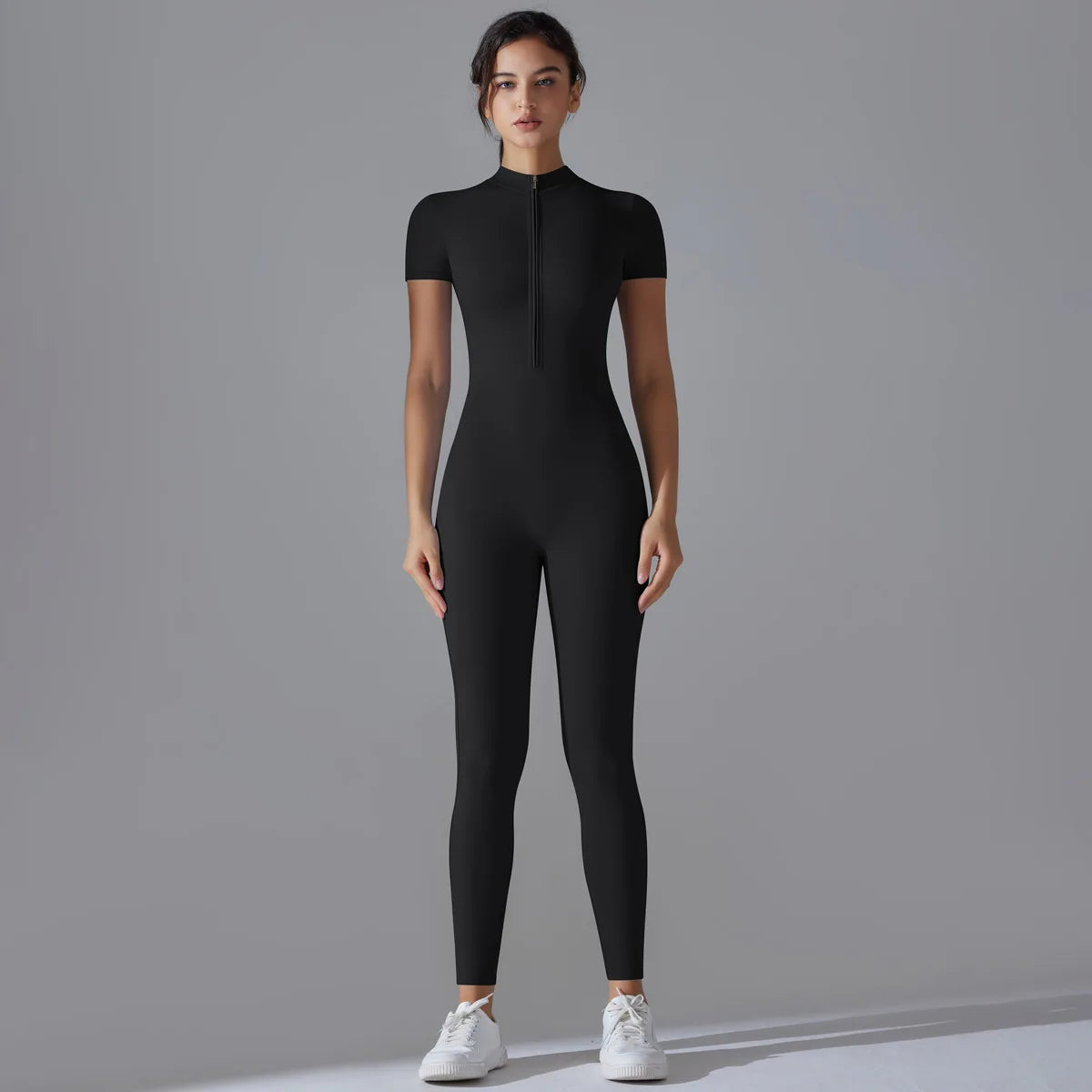 Zipper Short Sleeve Yoga Jumpsuit – Quick-Dry Outdoor Tight Fitness Suit