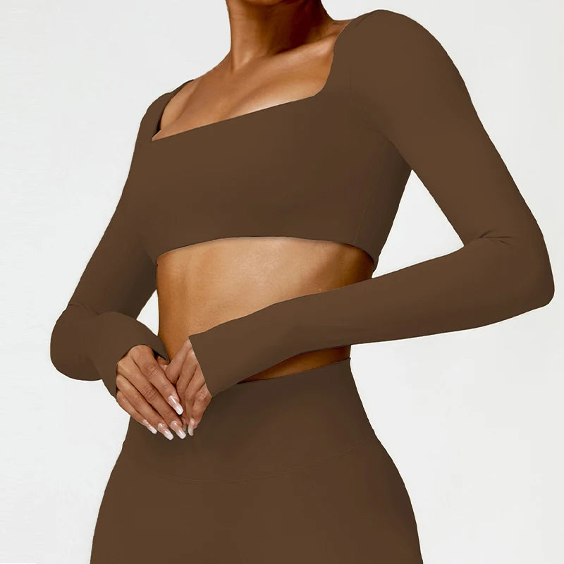 Hearuisavy Square Neck Gym Crop Top – Long Sleeve Quick-Dry Yoga Fitness Top