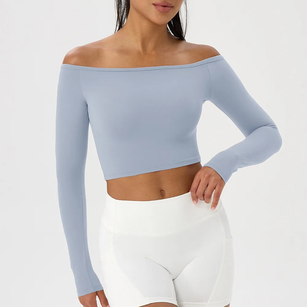 Off Shoulder Yoga Top – Long Sleeve Quick-Dry Gym & Running Workout Shirt