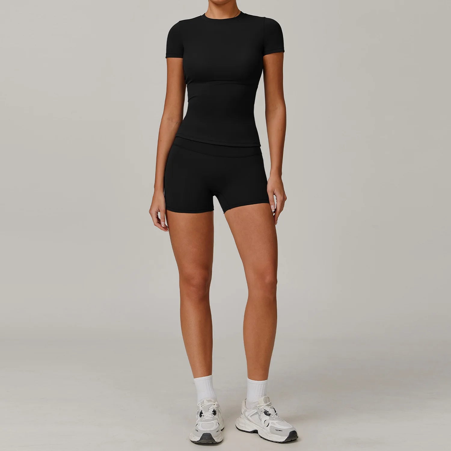 2PCS Yoga Set – Long Sleeve High Waist Leggings & Cycling Shorts Sports Suit