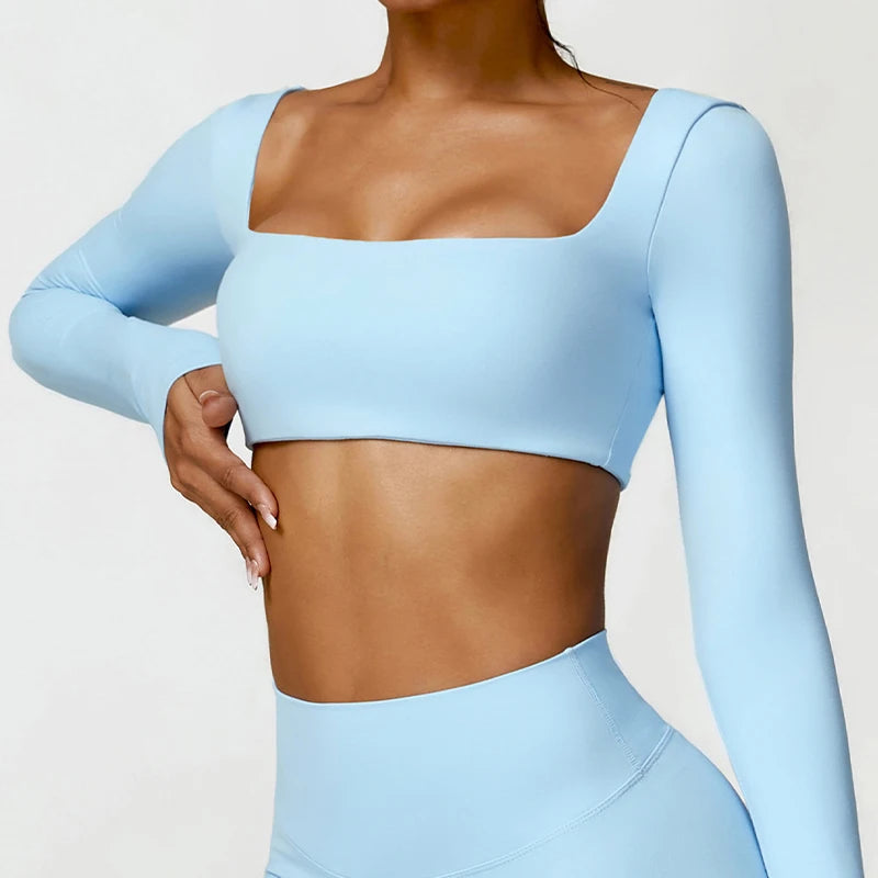 Hearuisavy Square Neck Gym Crop Top – Long Sleeve Quick-Dry Yoga Fitness Top