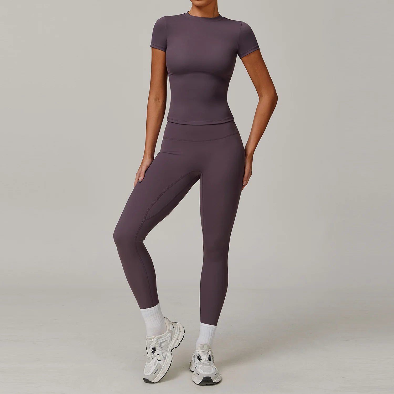 2PCS Yoga Set – Long Sleeve High Waist Leggings & Cycling Shorts Sports Suit