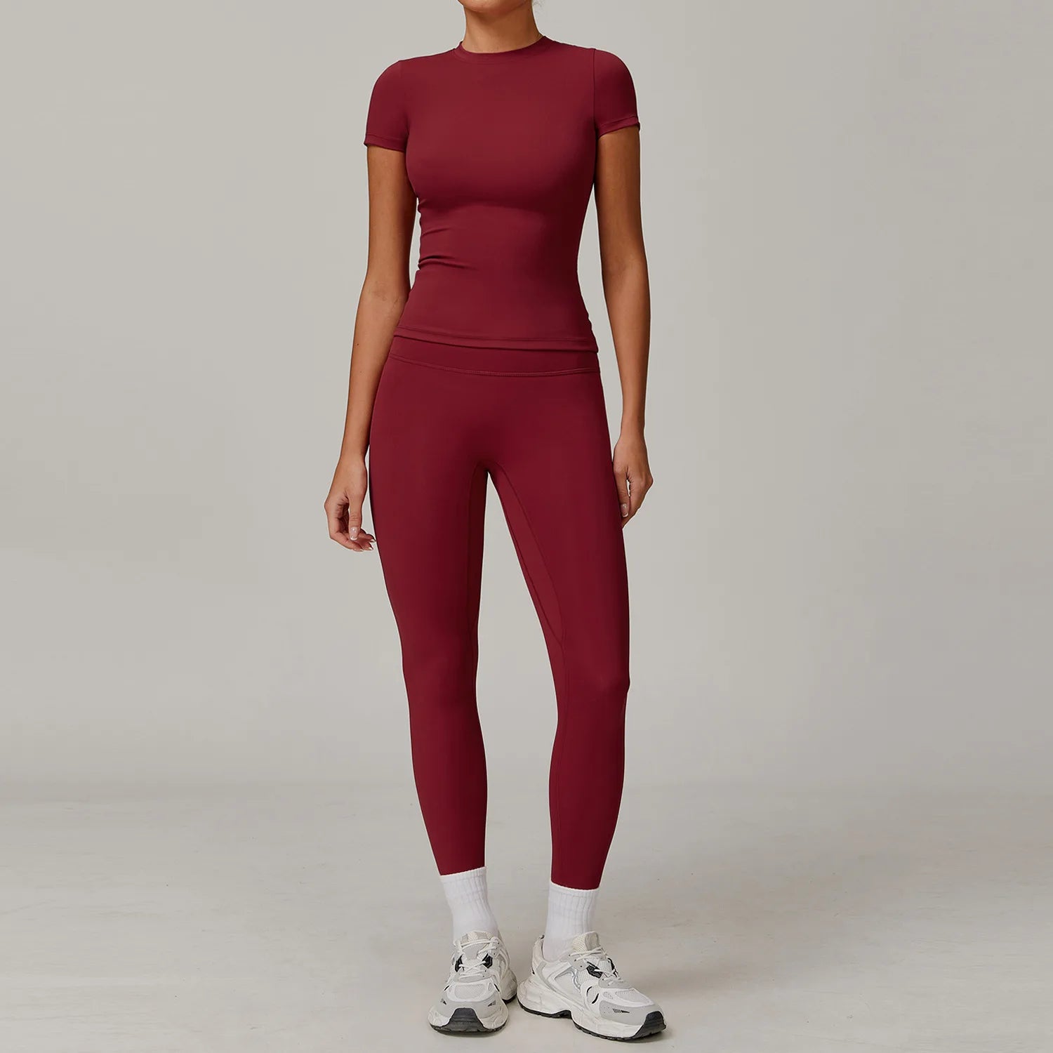 2PCS Yoga Set – Long Sleeve High Waist Leggings & Cycling Shorts Sports Suit