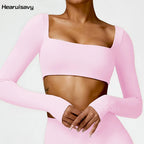 Hearuisavy Square Neck Gym Crop Top – Long Sleeve Quick-Dry Yoga Fitness Top