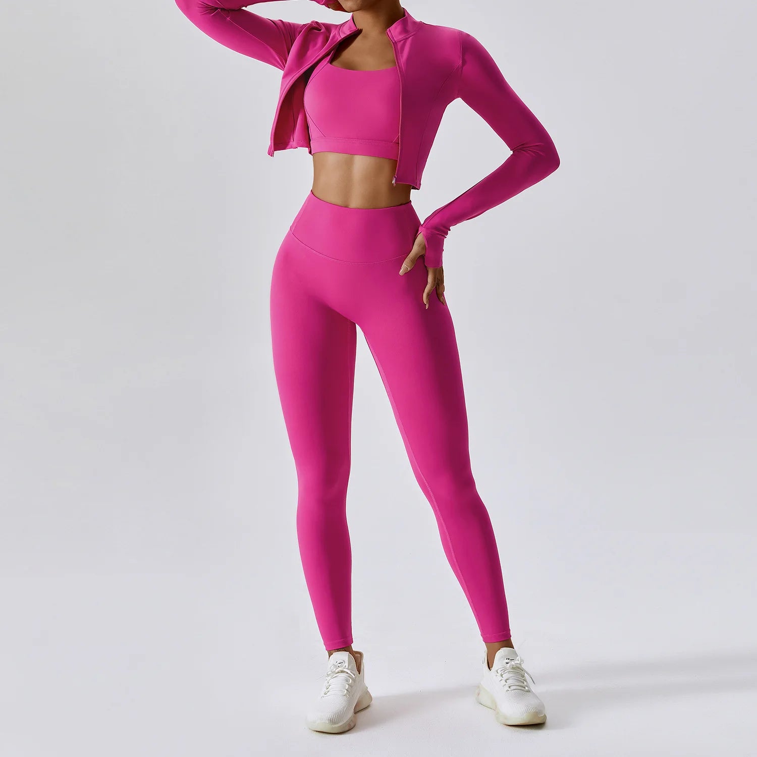 Zipper Long Sleeve, High Waist Leggings & Sports Suit