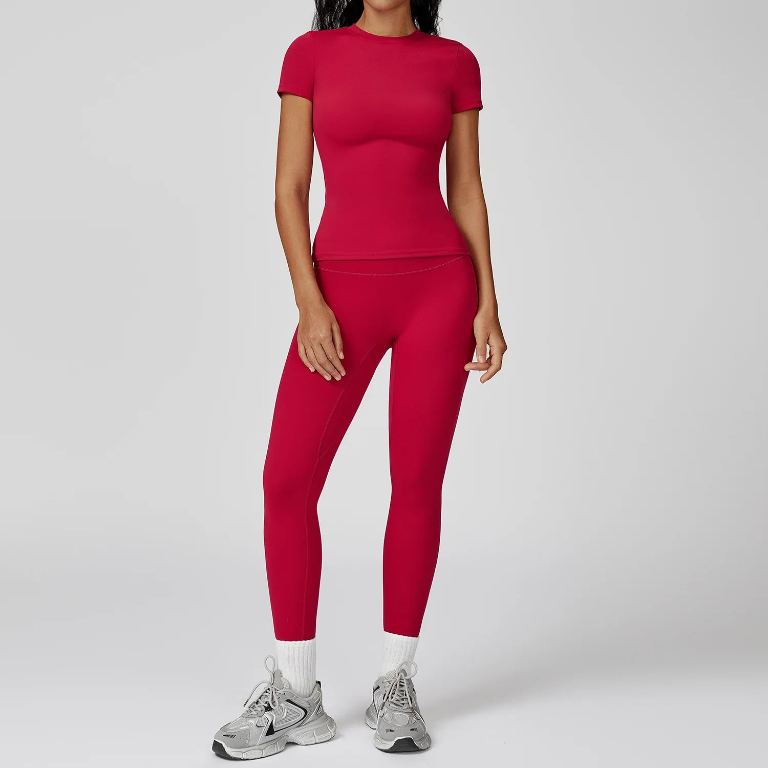 2PCS Yoga Set – Long Sleeve High Waist Leggings & Cycling Shorts Sports Suit