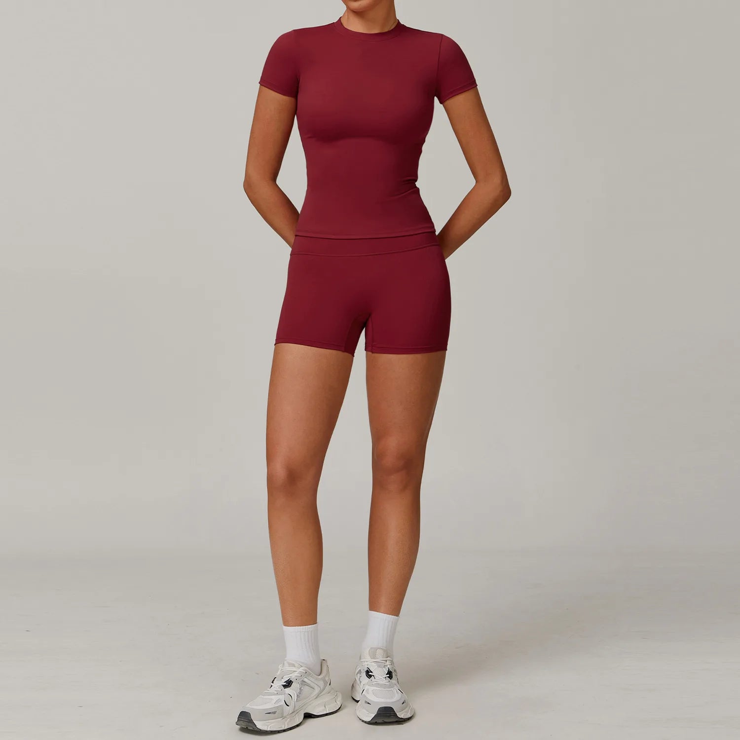 2PCS Yoga Set – Long Sleeve High Waist Leggings & Cycling Shorts Sports Suit