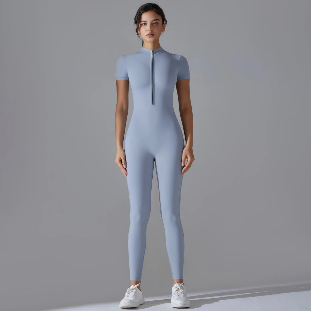 Zipper Short Sleeve Yoga Jumpsuit – Quick-Dry Breathable Tight Fitness Suit