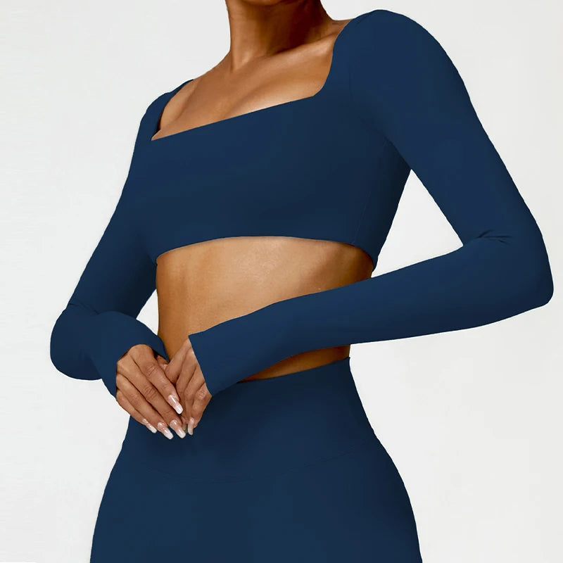 Hearuisavy Square Neck Gym Crop Top – Long Sleeve Quick-Dry Yoga Fitness Top