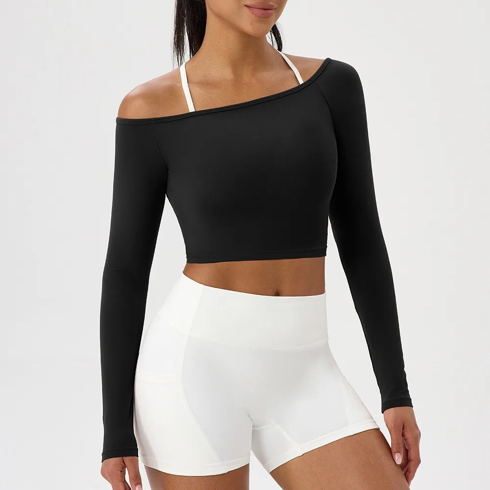 Off Shoulder Yoga Top – Long Sleeve Quick-Dry Gym & Running Workout Shirt