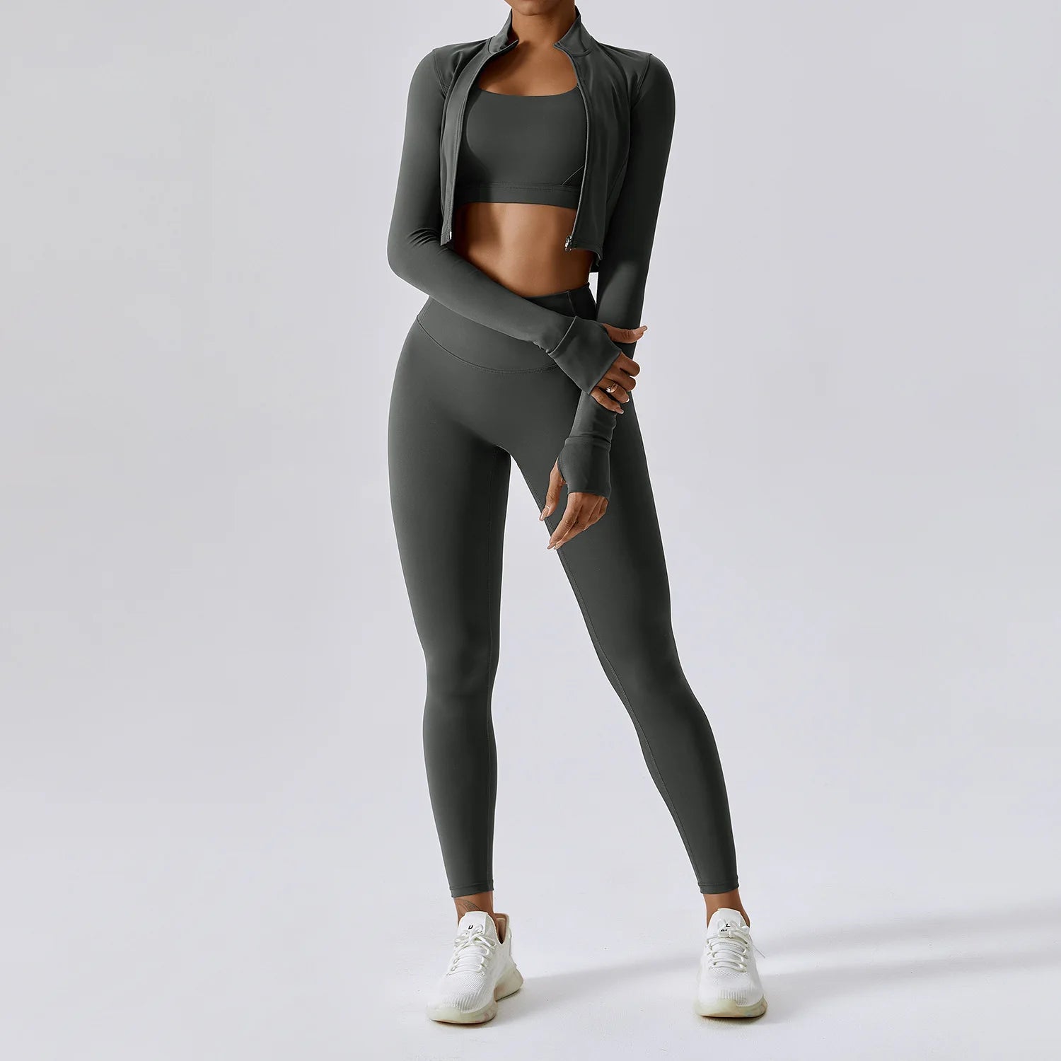 Zipper Long Sleeve, High Waist Leggings & Sports Suit