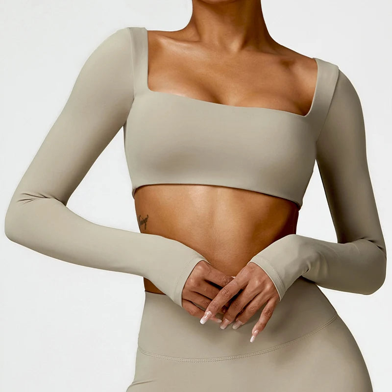 Hearuisavy Square Neck Gym Crop Top – Long Sleeve Quick-Dry Yoga Fitness Top