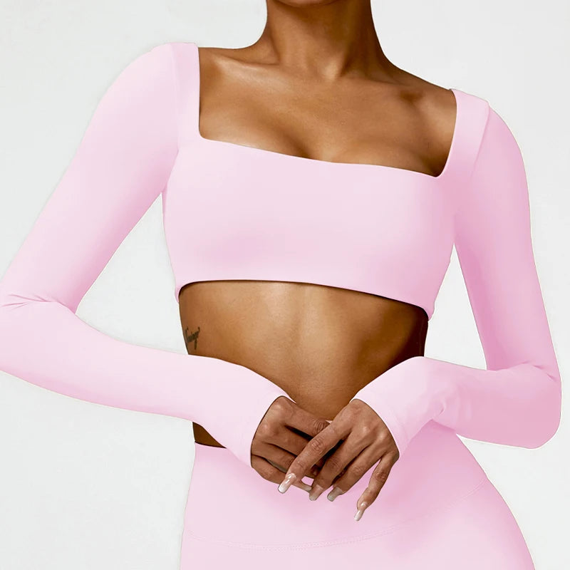 Hearuisavy Square Neck Gym Crop Top – Long Sleeve Quick-Dry Yoga Fitness Top