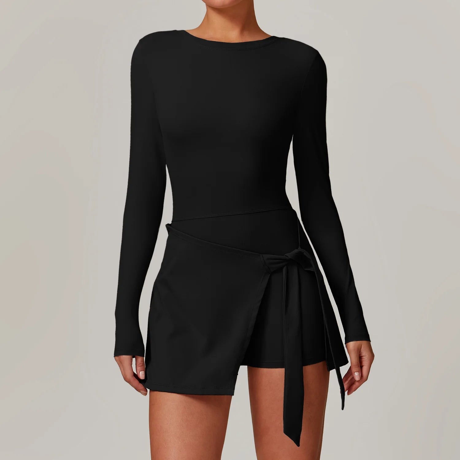 Backless Gym Jumpsuit – Long Sleeve Fitness Bodysuit & Skirt