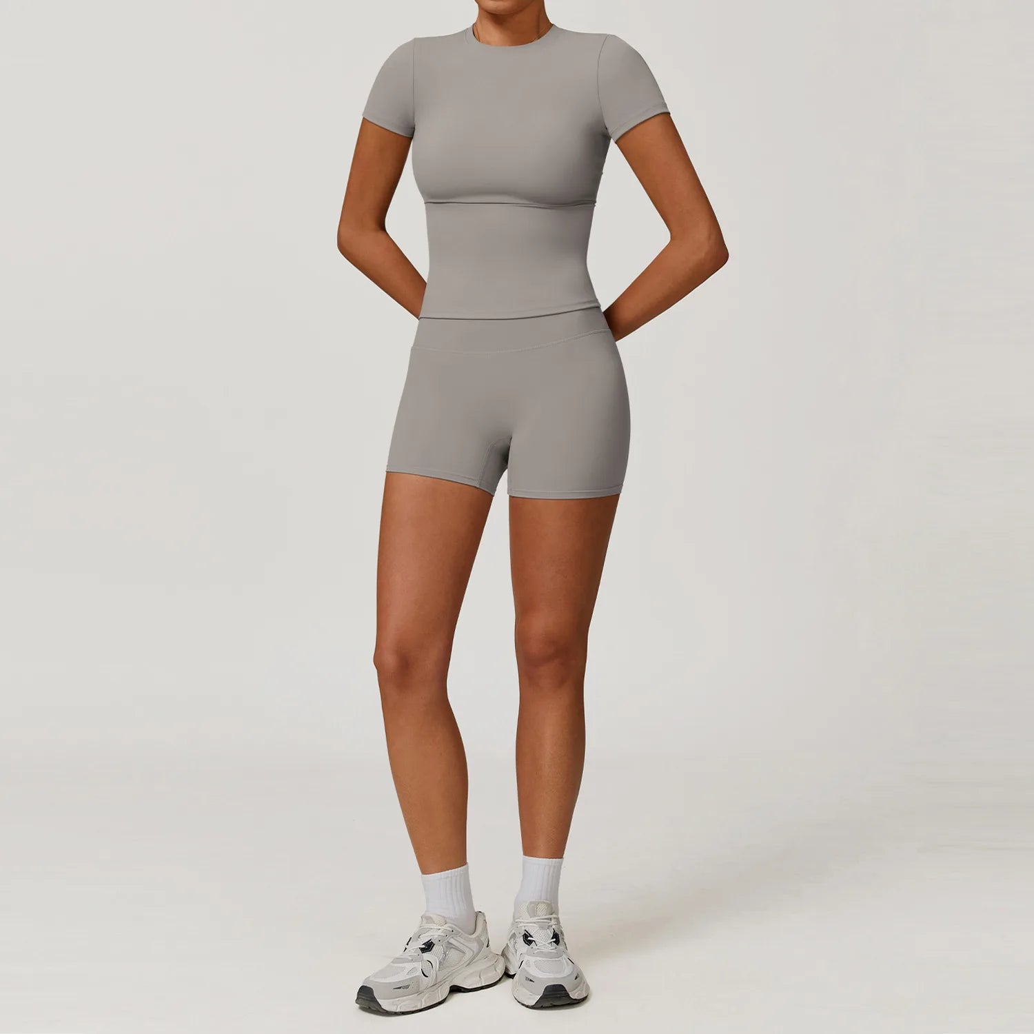 2PCS Yoga Set – Long Sleeve High Waist Leggings & Cycling Shorts Sports Suit