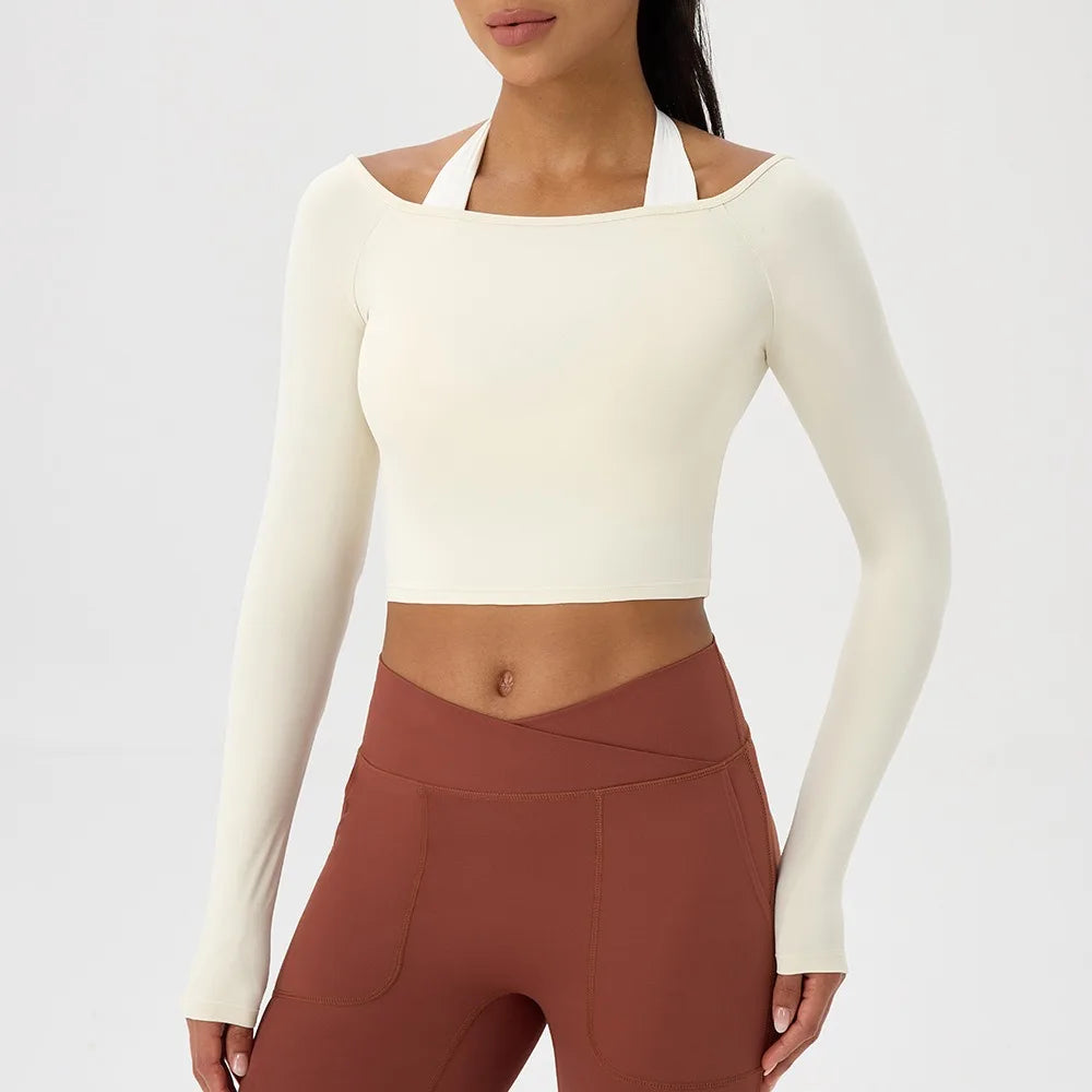 Off Shoulder Yoga Top – Long Sleeve Quick-Dry Gym & Running Workout Shirt