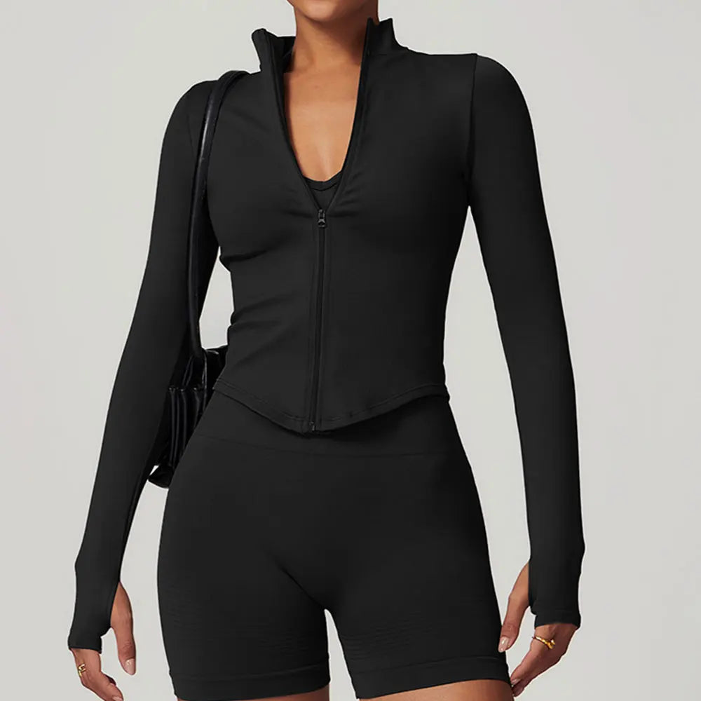 Zipper Jacket Crop Top – Long Sleeve Quick-Dry Yoga & Running Shirt