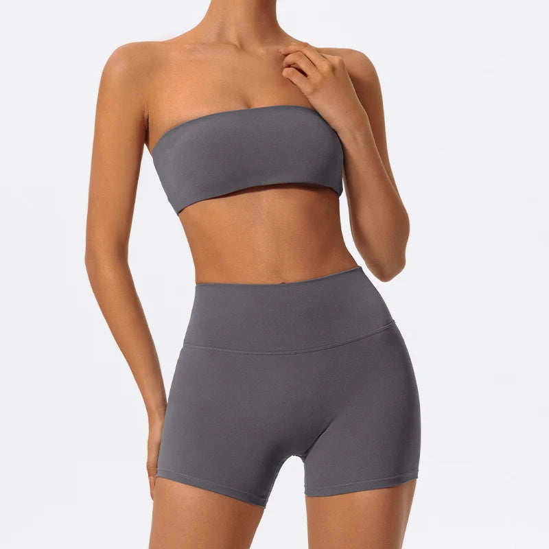 Ctenkevet Two Piece Fitness Sports Set – Strapless Bra & Gym Crop Top Suit