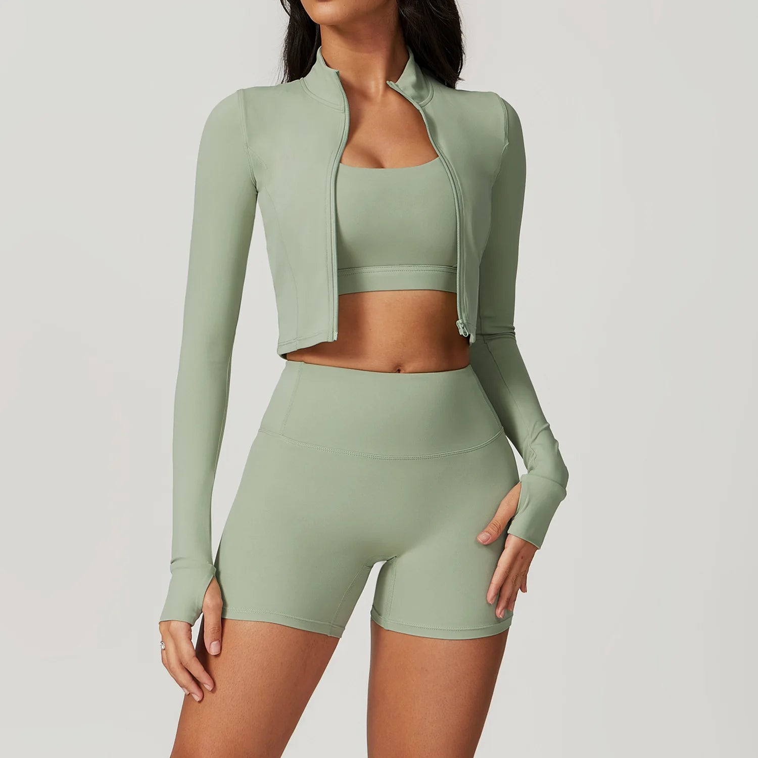 Zipper Long Sleeve, High Waist Leggings & Sports Suit