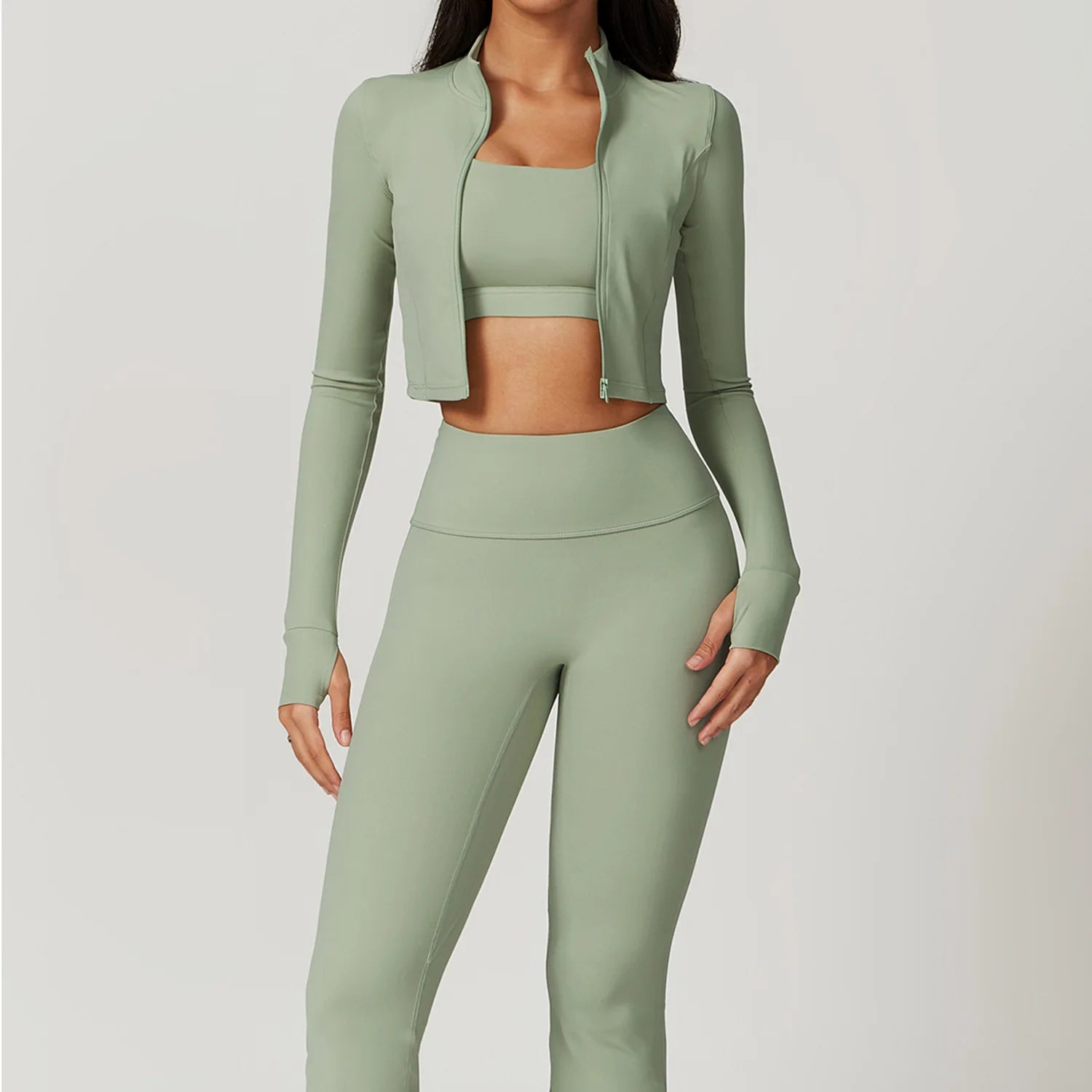 Zipper Long Sleeve, High Waist Leggings & Sports Suit