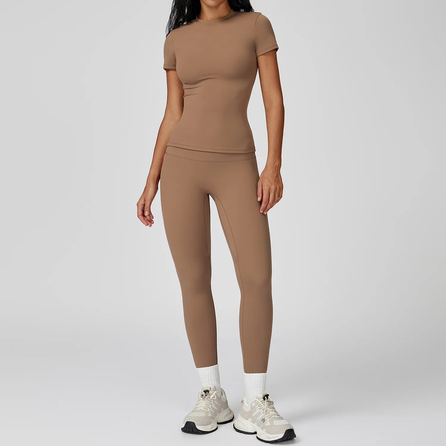 2PCS Yoga Set – Long Sleeve High Waist Leggings & Cycling Shorts Sports Suit