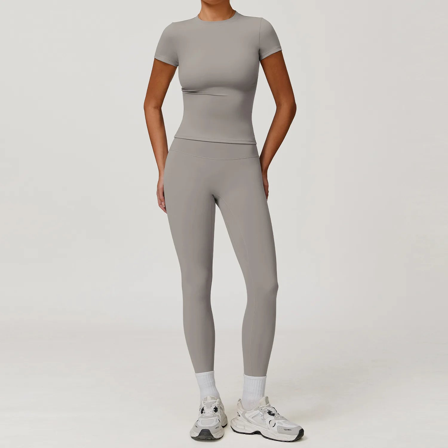 2PCS Yoga Set – Long Sleeve High Waist Leggings & Cycling Shorts Sports Suit