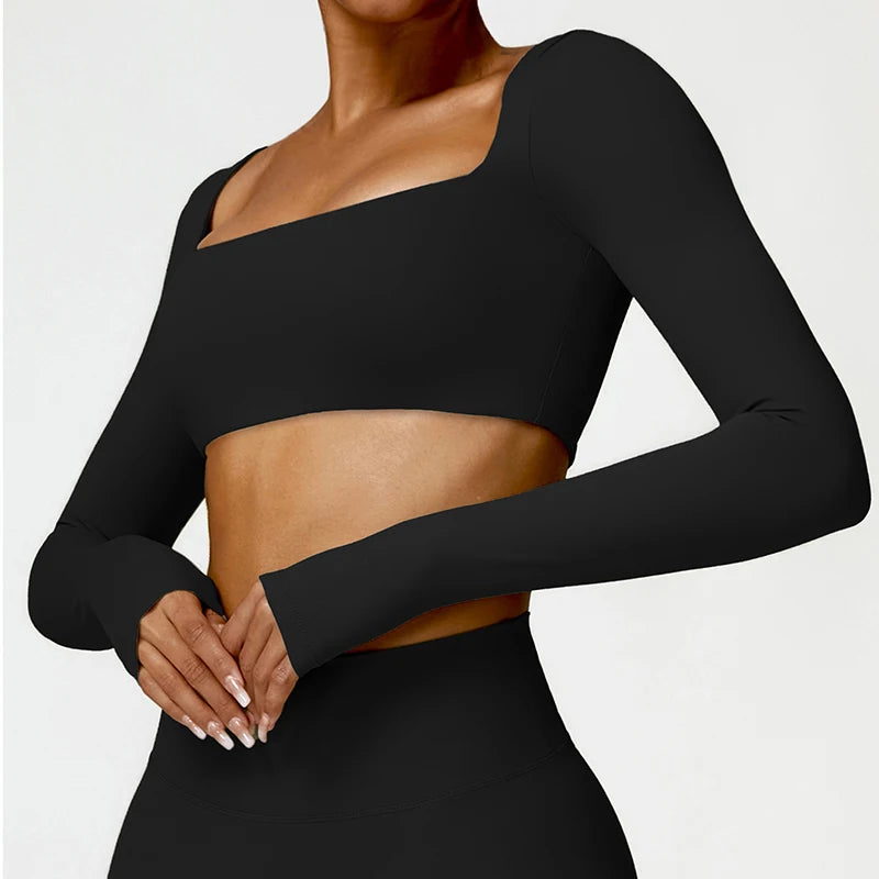 Hearuisavy Square Neck Gym Crop Top – Long Sleeve Quick-Dry Yoga Fitness Top