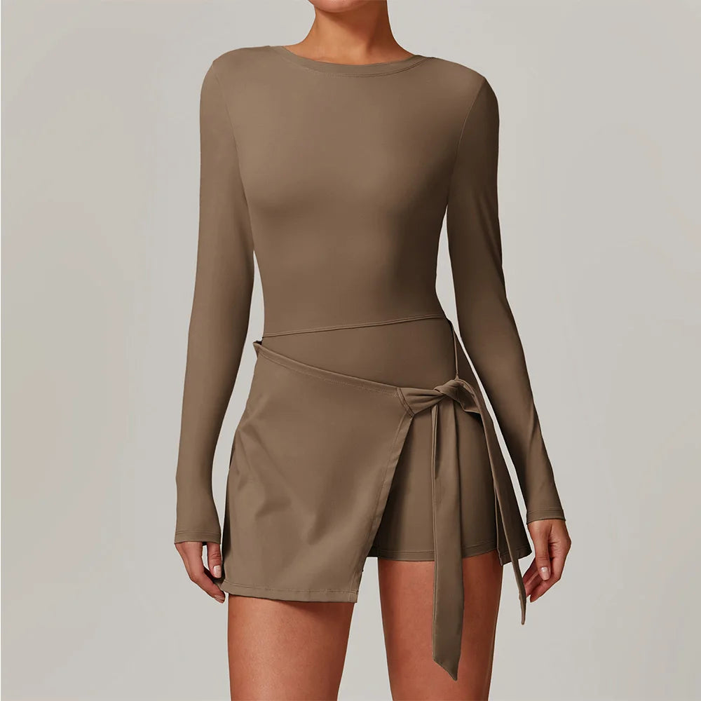 Backless Gym Jumpsuit – Long Sleeve Fitness Bodysuit & Skirt