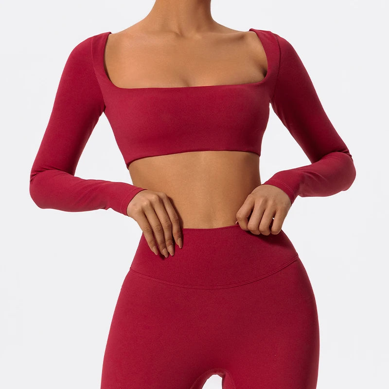 Hearuisavy Square Neck Gym Crop Top – Long Sleeve Quick-Dry Yoga Fitness Top