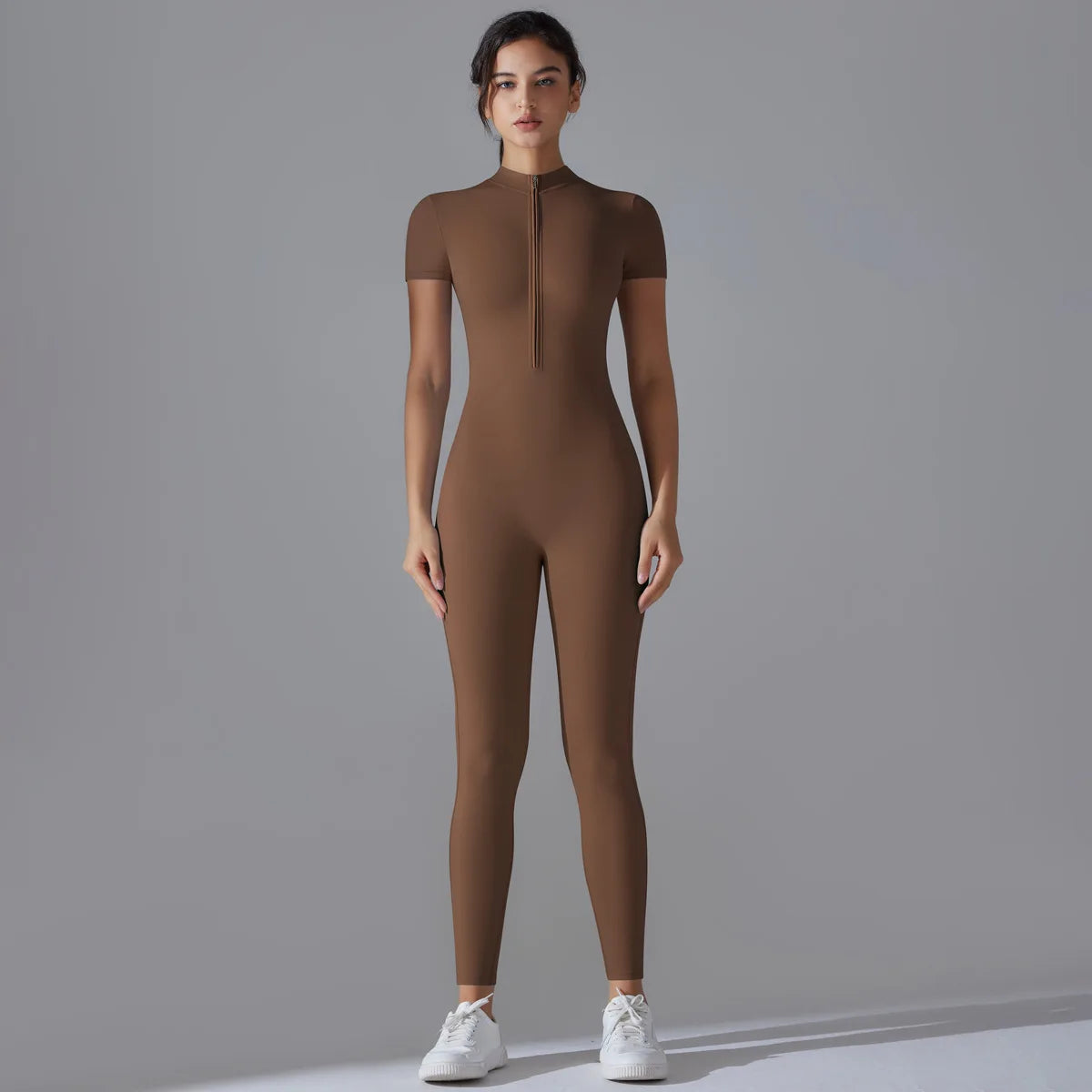 Zipper Short Sleeve Yoga Jumpsuit – Quick-Dry Breathable Tight Fitness Suit