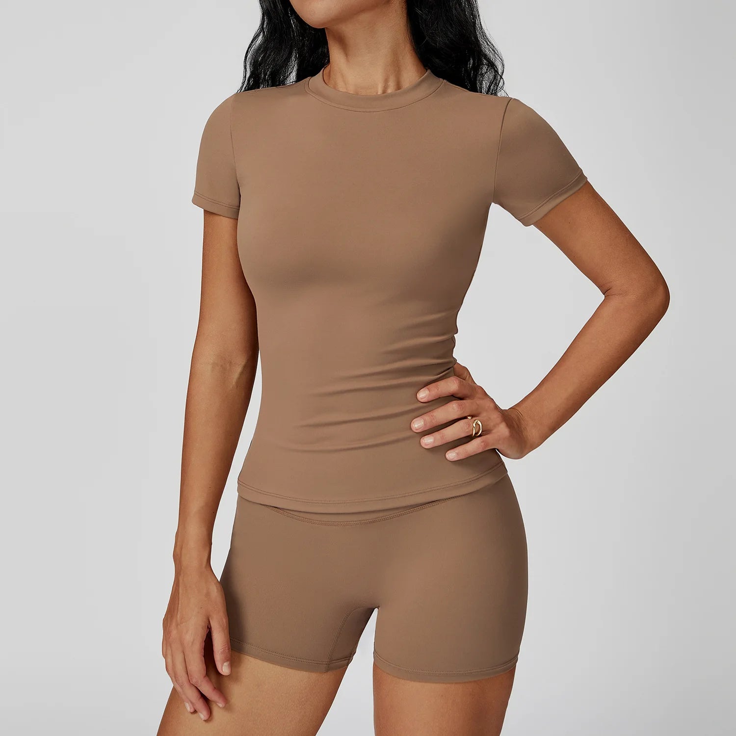 2PCS Yoga Set – Long Sleeve High Waist Leggings & Cycling Shorts Sports Suit