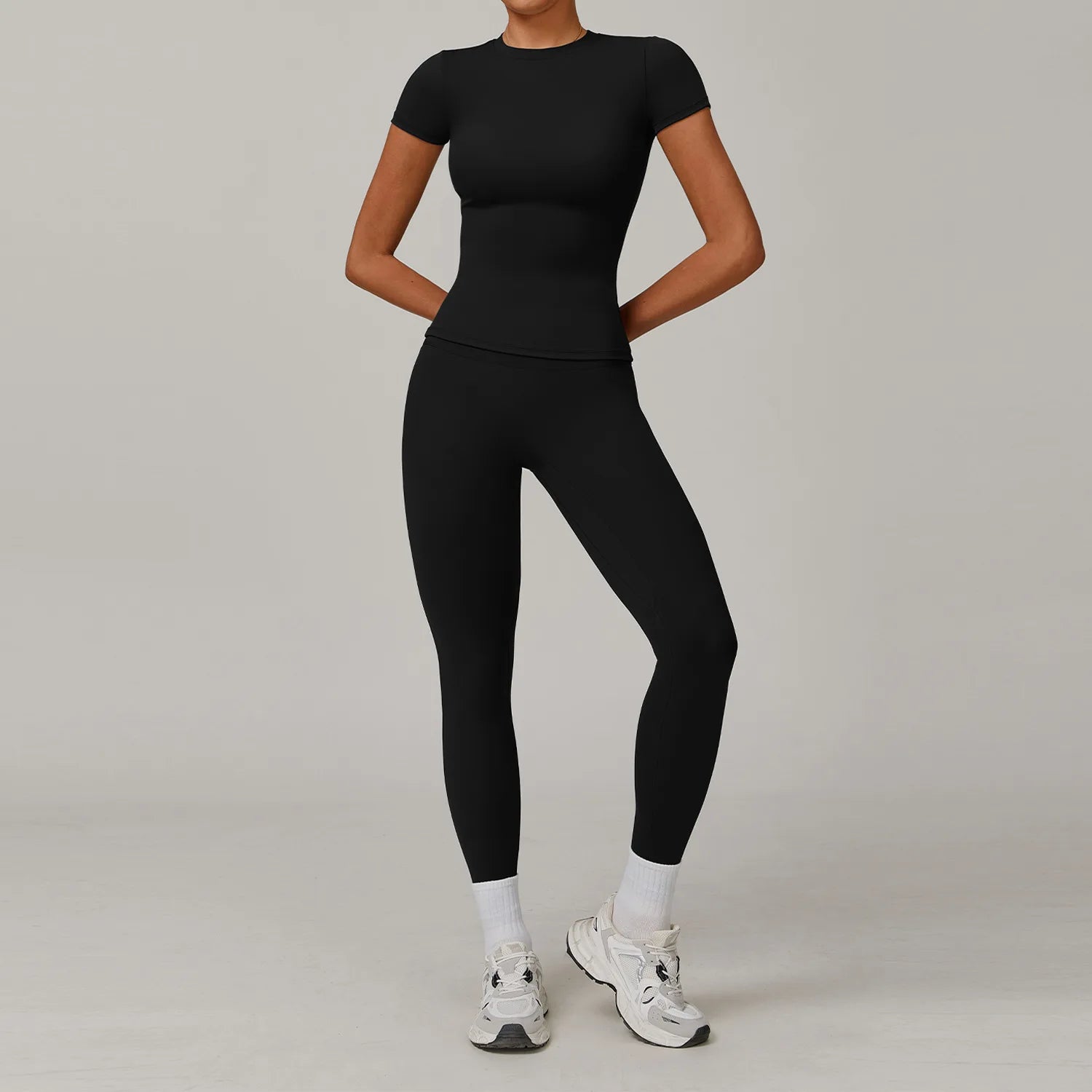 2PCS Yoga Set – Long Sleeve High Waist Leggings & Cycling Shorts Sports Suit